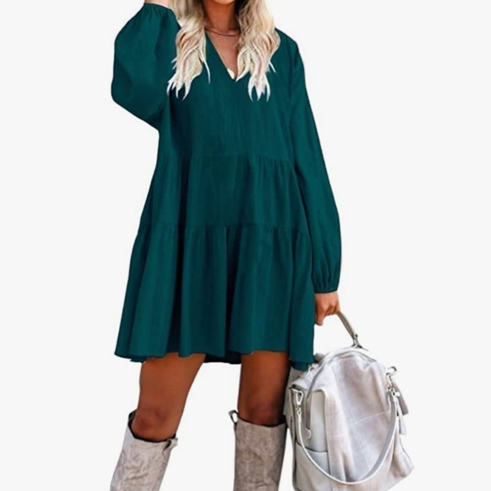 FANCYINN Women Summer Casual DressVNeck Floral PrintlongSleeve Knee-Leng… - Picture 2 of 6